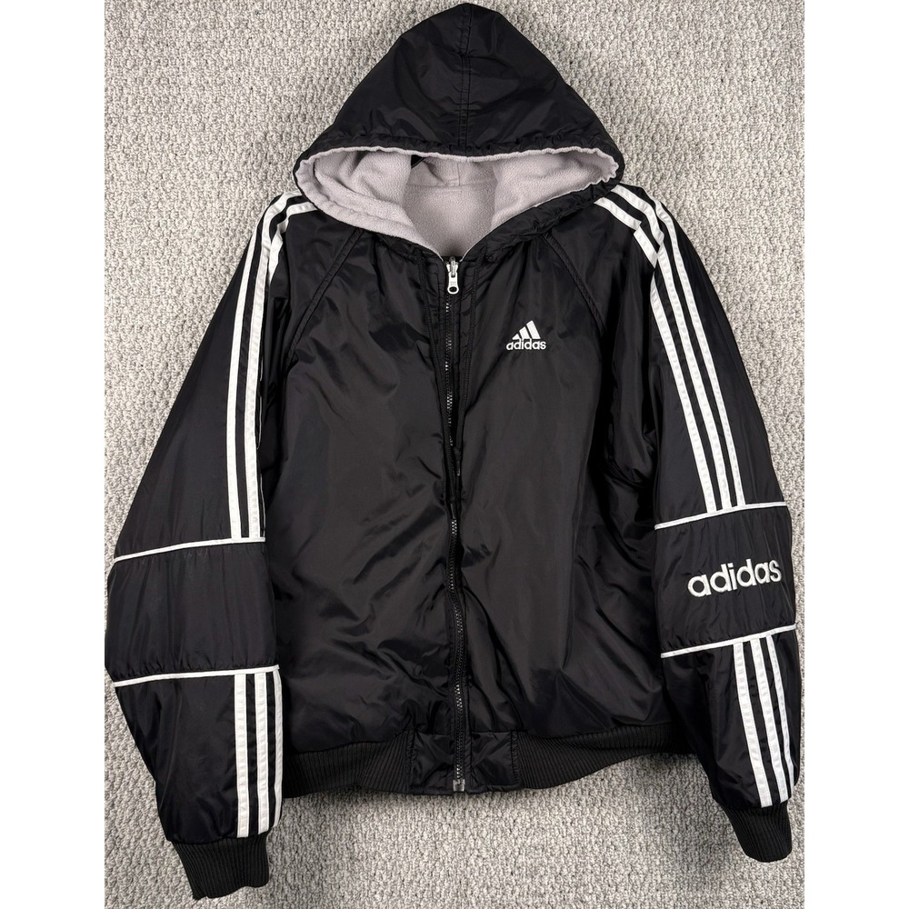Vintage Y2K Adidas 3 Stripe Fleece Lined Hooded Jacket Black Mens M